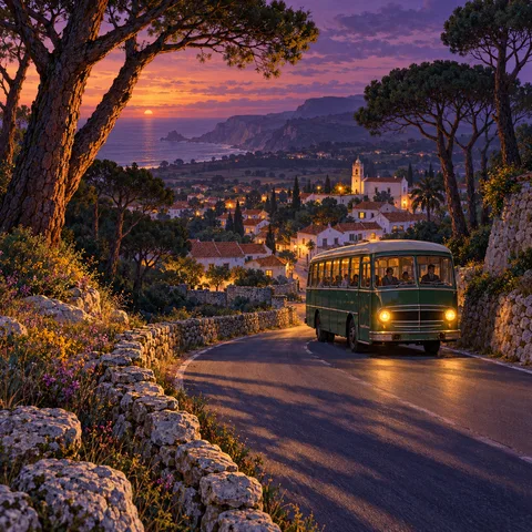 A vintage green bus drives along a curving road at dusk past stone walls and pine trees, overlooking a coastal village with glowing windows.