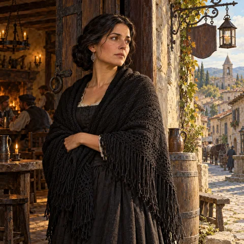 A dark-haired woman in a black fringed shawl stands in a tavern doorway looking out into a sunny cobblestone street.