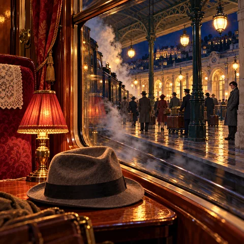 A grey fedora sits on a train table by a window overlooking a steam-filled Lisbon station platform where a man in a grey coat watches the train depart.