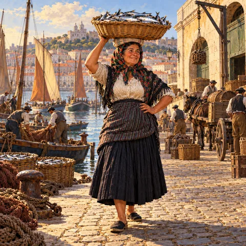 A smiling Lisbon fishwife in a patterned scarf and dark skirt balances a flat wicker basket of sardines on her head along a sunlit cobblestone harbour.