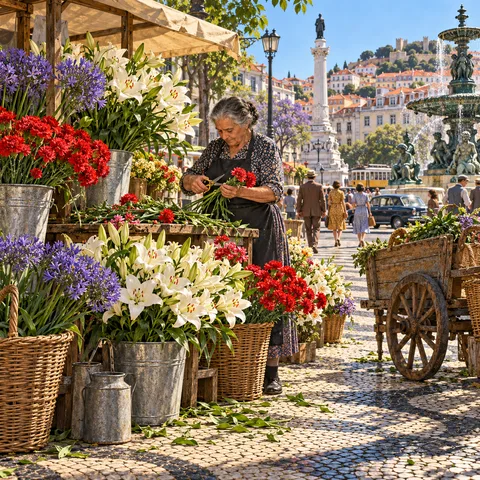An elderly flower seller trims red carnations beside buckets of white lilies in a sunlit Lisbon square, with a grand bronze fountain and hilltop castle in the background.