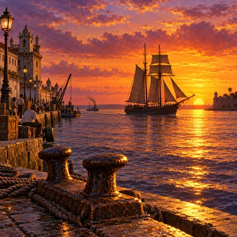 A two-masted sailing ship glides across the golden Tagus River at sunset, viewed from a stone quayside with cast-iron bollards under a glowing amber and violet sky.