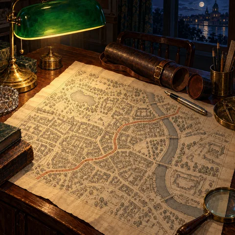 A hand-drawn map lies on a wooden desk beneath a green banker's lamp, alongside an open leather drafting tube, a silver fountain pen, and a magnifying glass.