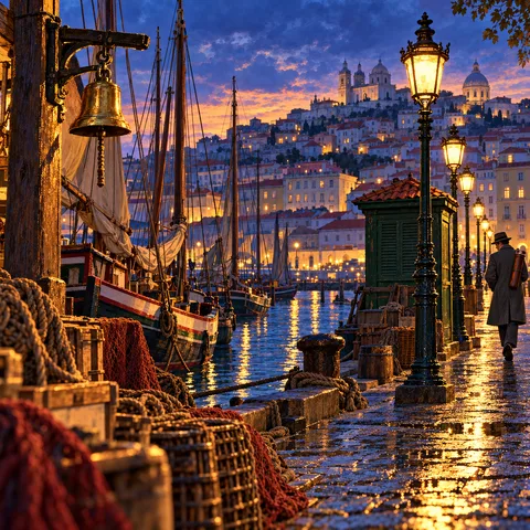Warm cast-iron street lamps illuminate a wet cobblestone quay at dusk, where sailboats are moored and a man in a grey coat walks past a green harbour booth.