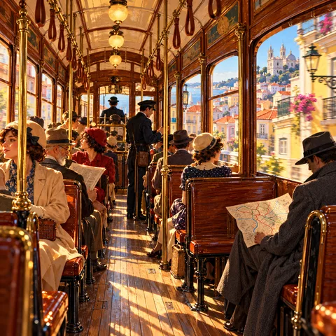 Sunlight fills the wooden interior of a vintage tram car where passengers sit on polished benches and a man in a grey coat examines an unfolded route map.