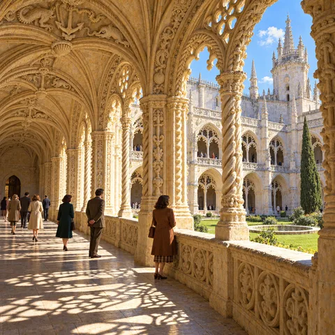 Midday sunlight filters through the carved arches of a monastery cloister, casting intricate shadows across the stone floor as visitors walk along the gallery.