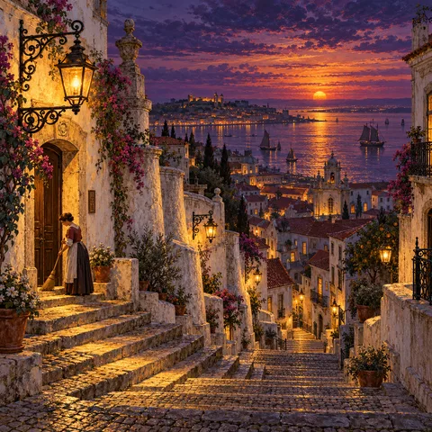 A woman sweeps the stone steps outside a Lisbon doorway as ornate lanterns light up at sunset overlooking the Tagus estuary.