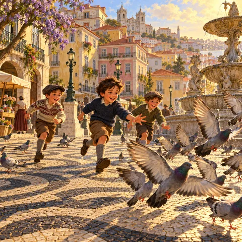 Three boys run across a wavy cobblestone square in Lisbon, chasing a flock of pigeons into the air beside an ornate stone fountain in afternoon sunlight.