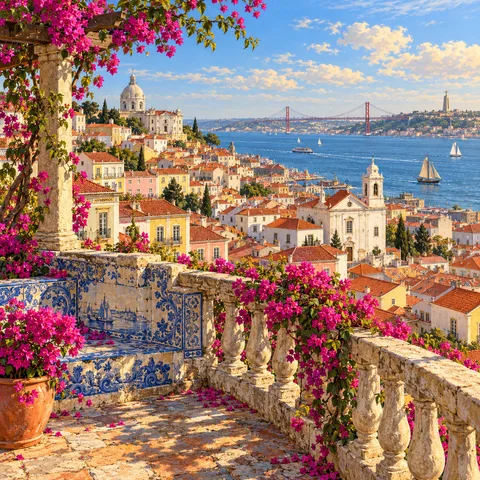Terracotta rooftops and churches of Alfama seen from a tiled terrace with magenta bougainvillea overlooking the Tagus River.