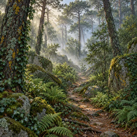 Morning mist weaves through tall pine trees and mossy boulders along a narrow dirt path in Sintra, with sunbeams cutting through the canopy.
