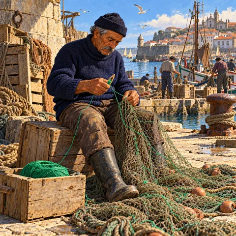 An elderly Portuguese fisherman in a navy turtleneck and knit cap sits on a wooden crate on a sunny dock, mending green sardine netting with a wooden needle.