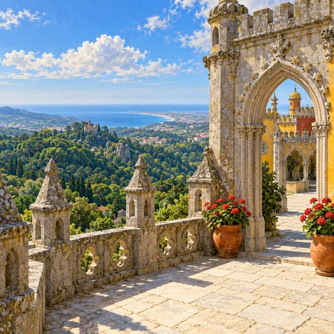 Sunlit stone palace terrace with carved balustrades and a gothic arch overlooking green forested hills and the Atlantic coast, with potted red geraniums on the paving.