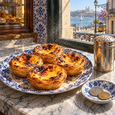 Four blistered custard tarts on a blue and white ceramic plate sit on a marble counter beside a tin cinnamon shaker and a saucer of coins before a sunny window.