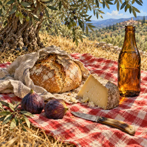 A red checked picnic cloth under an olive tree with a crusty loaf of bread, two ripe figs, a wedge of cheese, an amber bottle, and a folding pocketknife.
