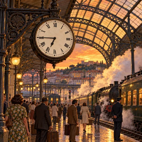 A vintage cast-iron station clock hangs above a crowded platform at sunset, with steam billowing from a passenger locomotive beneath the vaulted glass roof.