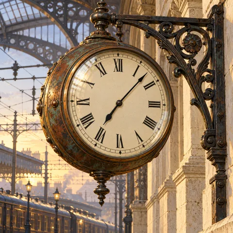 A vintage circular station clock with Roman numerals hangs from a wrought-iron wall bracket in morning light, overlooking platform tracks and train shed arches.