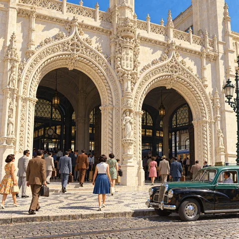 Two ornate neo-Manueline horseshoe arches lead into Rossio Station while pedestrians cross the patterned pavement beside a vintage black and green taxi.