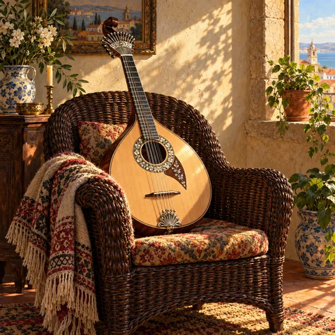 A twelve-string Portuguese guitar rests on a dark wicker armchair with a patterned cushion and a fringed wool blanket, beside a sunlit window.
