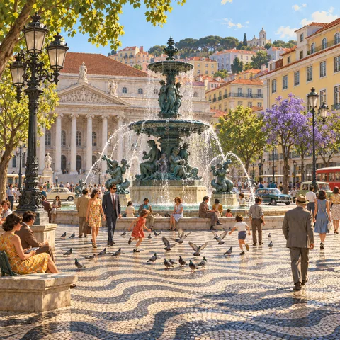 Sunlight illuminates a grand bronze fountain and wavy cobblestone plaza in Rossio Square, where people stroll, pigeons gather, and neoclassical buildings line the background.