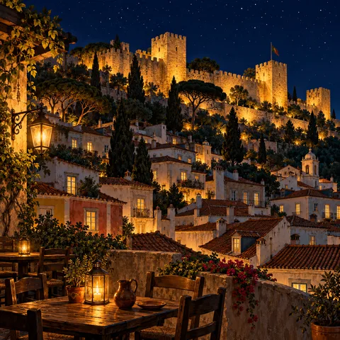 A night view from a tavern terrace overlooking terracotta rooftops toward the floodlit stone battlements of Castelo de São Jorge under a starry sky.