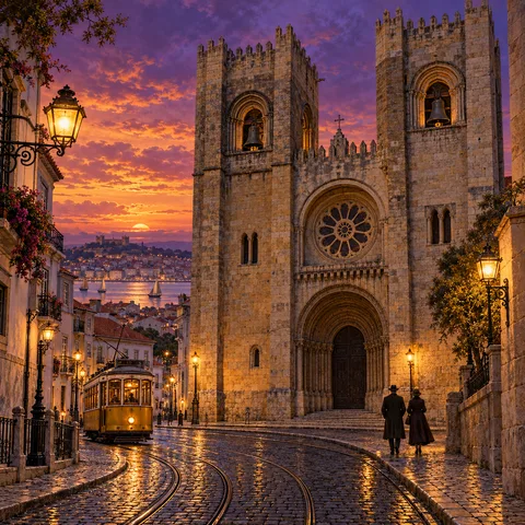 Lisbon Cathedral's twin stone towers and rose window under an orange dusk sky, with a yellow tram on cobblestone tracks and pedestrians below.