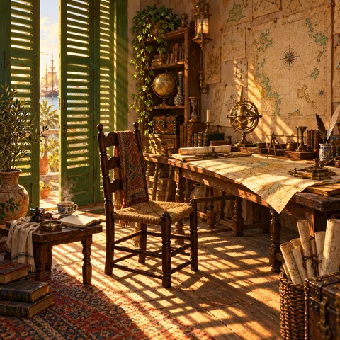 Golden afternoon sunlight streams through open green shutters into a mapmaker's studio with wooden desks, antique charts, and a rush chair.