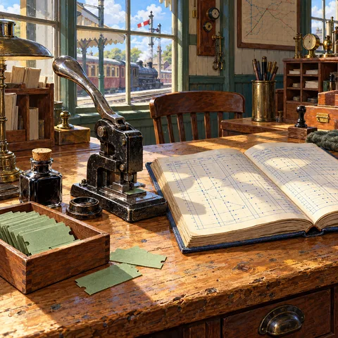 A wooden desk holds a cast-iron ticket punch, an open timetable ledger, an ink bottle, and green ticket cards before a sunny window overlooking station tracks.