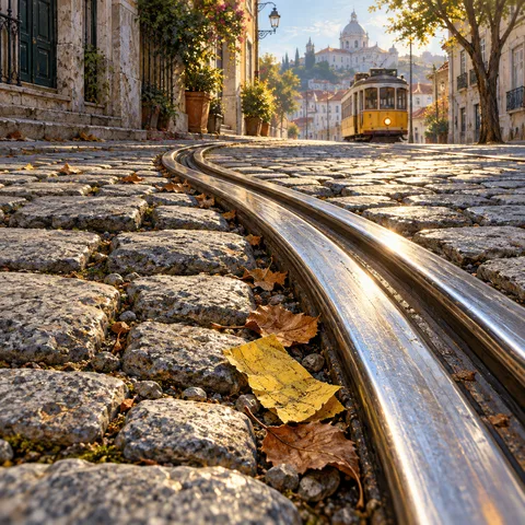Low-angle view of polished steel tram rails curving through sunlit cobblestones, with a discarded yellow ticket and a vintage yellow tram uphill.