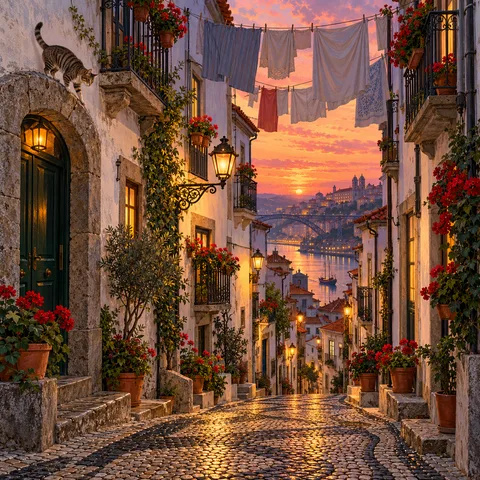 A steep cobblestone alley lined with whitewashed houses, glowing lanterns, and potted geraniums looks out over a river at sunset as laundry hangs overhead.