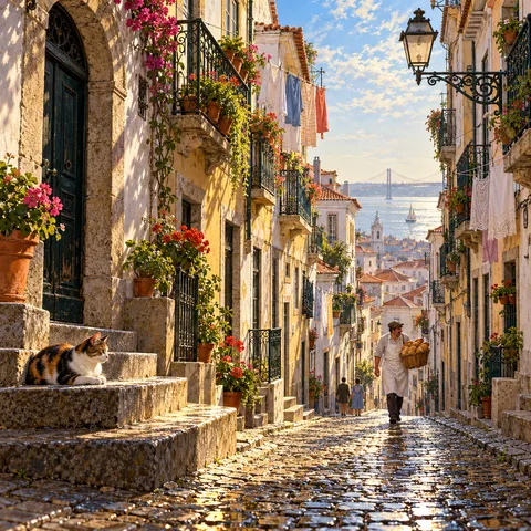 Morning sunlight illuminates a steep Lisbon alley with laundry on balconies, a calico cat on stone steps, and a baker carrying a basket of bread up the street.