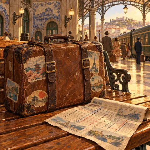 A battered brown leather suitcase strapped tight on a wooden bench inside a grand train station, with luggage stickers from Kyoto and Paris and an unrolled railway timetable.