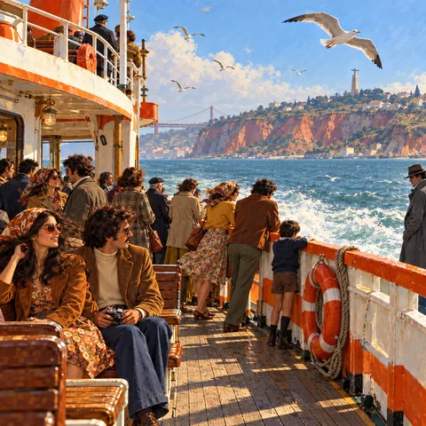 Passengers ride an orange river ferry across the Tagus, with red clay cliffs in the distance and a tall man in a grey coat standing by the rail.