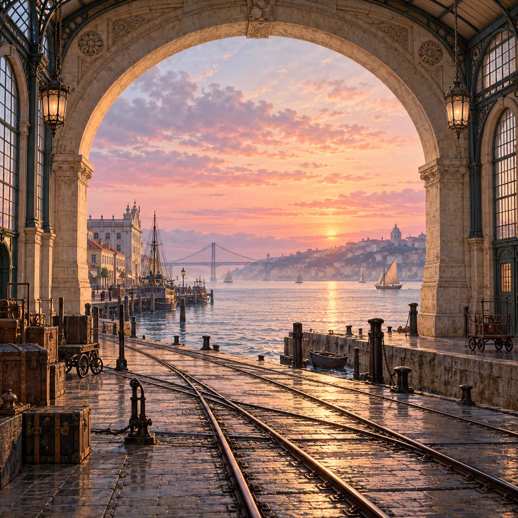 A monumental stone archway frames the Tagus River at dawn, with glistening railway tracks leading toward the water, distant sailboats, and a suspension bridge under a pink sky.