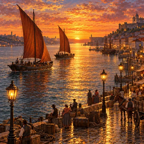 Golden sunset over the Tagus river with traditional sailing barges, gas lamps glowing on the wet stone quay, and a horse standing beside a wooden cart.
