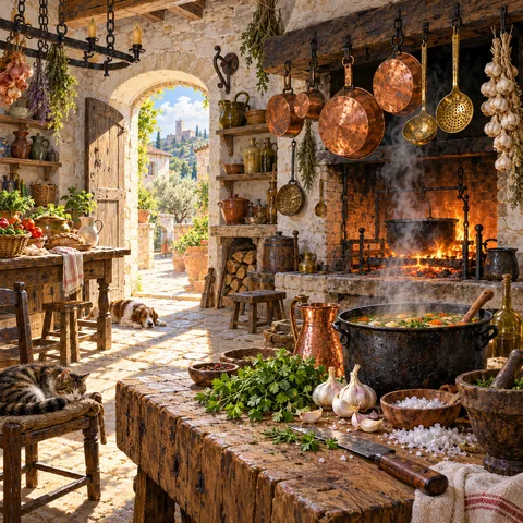 A rustic tavern kitchen with copper pots above a roaring fireplace, soup and garlic on a wooden butcher block, and a cat asleep on a chair.