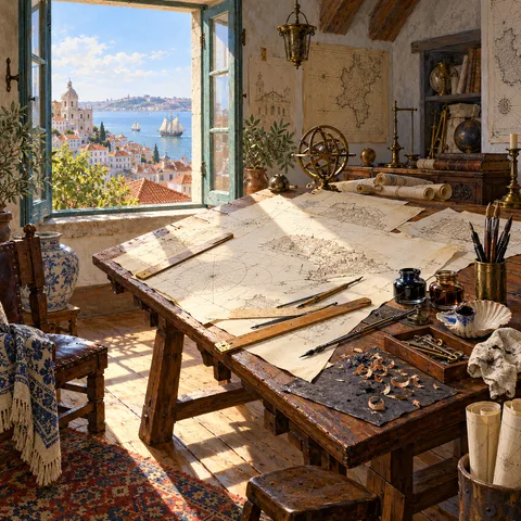 A wooden drafting table with hand-drawn maps and ink bottles stands beside an open window overlooking Lisbon rooftops and the river.