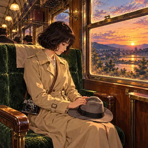 A young woman in a beige trench coat sits on a green velvet train seat, resting her hands on a grey fedora hat as golden sunset light shines through the carriage window.