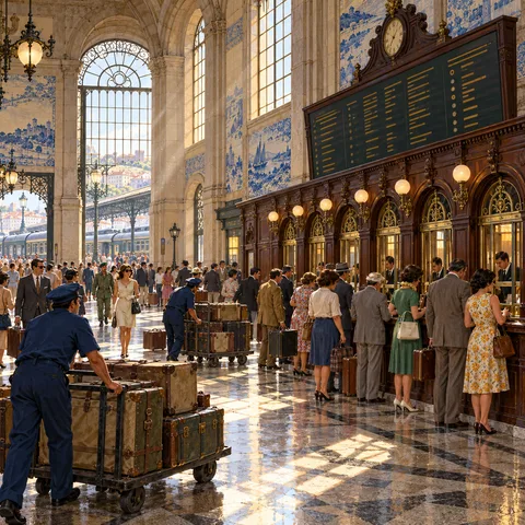 A sunlit ticket hall with blue tile murals, porters pushing luggage carts, and passengers queuing before polished wooden ticket wickets beneath a large departures board.