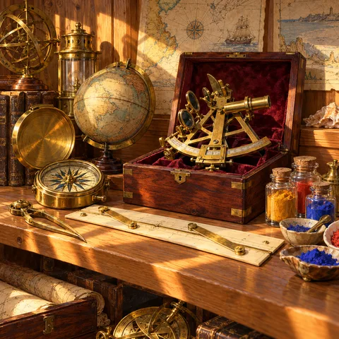 A sunlit wooden shelf holding an antique brass sextant in a velvet-lined box, an ivory ruler, compass, globe, calipers, jars of colorful pigment, and wall maps.