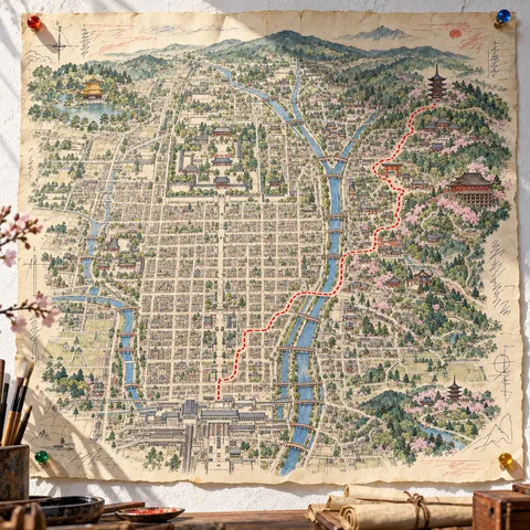 A hand-drawn map of Kyoto pinned to a white plaster wall with colored pushpins, showing an inked city grid and a red dashed route leading up into the eastern hills.