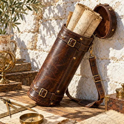 A dark brown leather drafting tube with rolled parchment maps leans against a white stone wall on a sunlit wooden table.