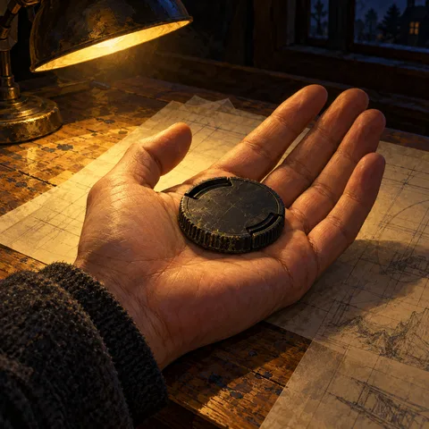 An open hand on a wooden drafting table holds a scuffed black camera lens cap under the warm glow of a desk lamp.