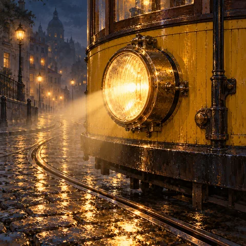 A vintage yellow tram headlamp glows brightly with warm light over wet cobblestones and curved tracks on a foggy night in Lisbon, with a distant church dome on the hill.