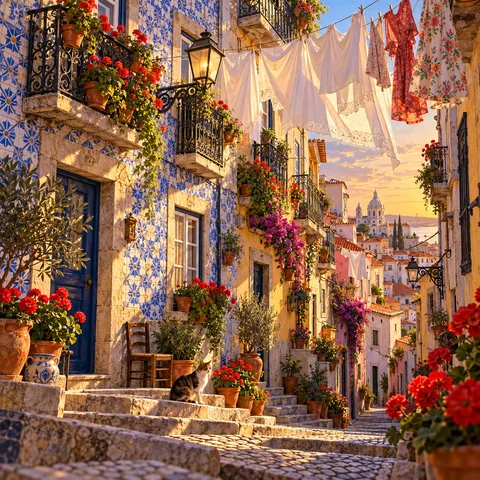 A sunlit stepped alley in Alfama lined with blue tiled walls, laundry hanging overhead, flowerpots of red geraniums, and a cat sitting on the stone steps.