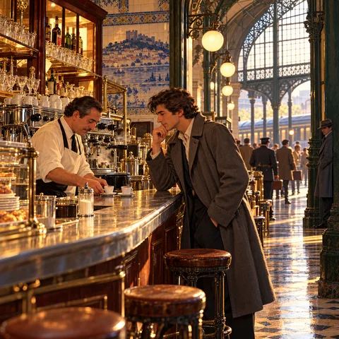 A young man in a grey trench coat leans on a brass counter beside a glass sugar shaker while a barista prepares two small coffees inside a sunlit station buffet.
