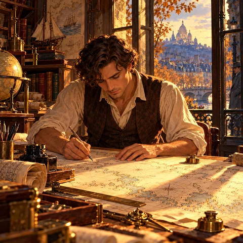 A dark-haired young man in a waistcoat leans over a drafting table to ink a coastal map in warm afternoon sunlight by a large window.