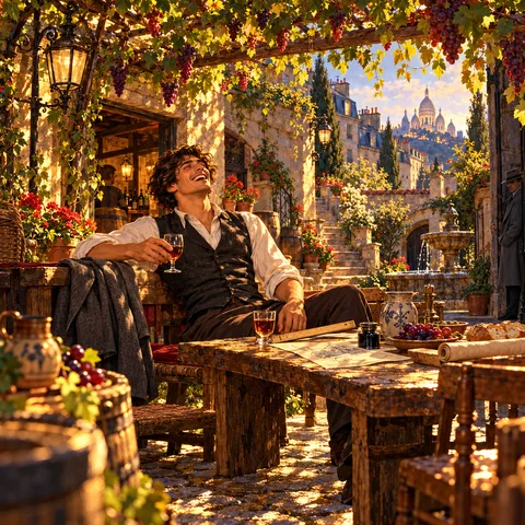A young man in a dark vest sits laughing beneath a grape arbor, holding a glass of wine beside a wooden table with rolled maps.