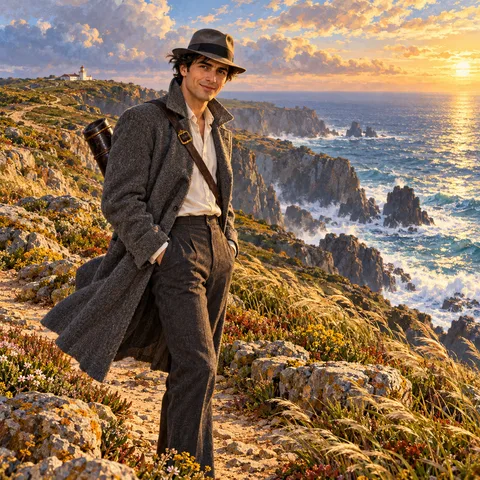 A smiling man in a grey fedora and coat stands on a coastal cliff path at sunset, with a leather drafting tube over his shoulder and ocean waves below.