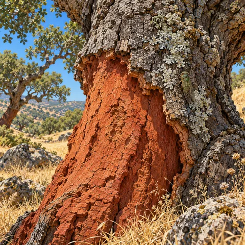 Close-up of a cork oak tree trunk with exposed terracotta underbark, grey furrowed bark, and a green cicada resting beside lichen under a clear blue sky.