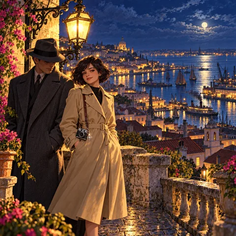 Young Ada Hollis in a beige trench coat stands beside a man in a grey coat and fedora on a stone terrace overlooking Lisbon harbour under a full moon.
